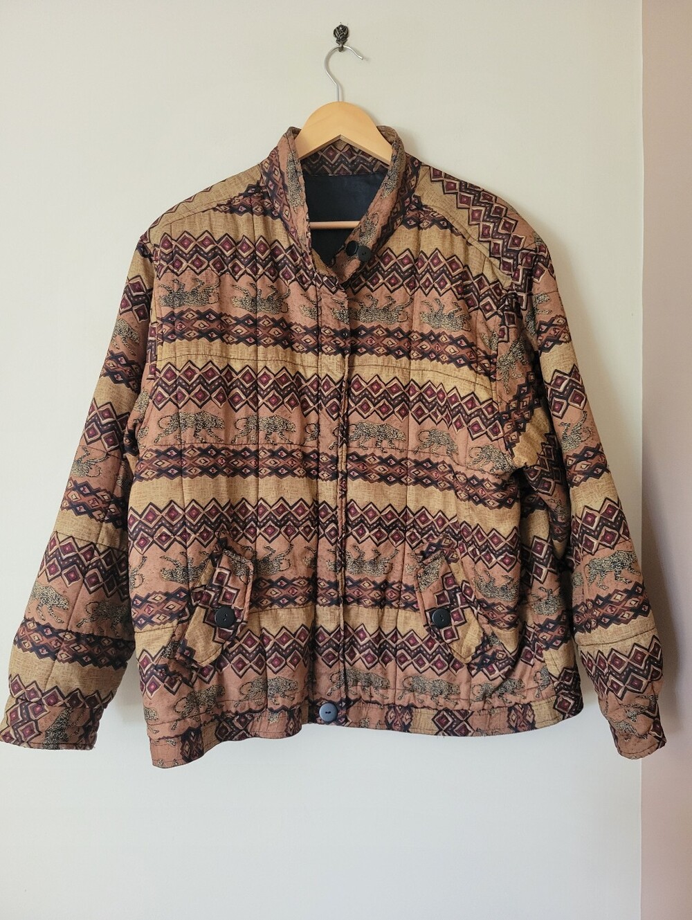 Vintage 90s Boho Leopard Cat Print Silk Bomber Jacket Size Large